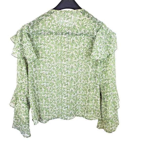 H&M Shirt Blouse Womens 6 Green Ruffle Sleeve Abstract Print Spring Keyhole - Picture 2 of 8